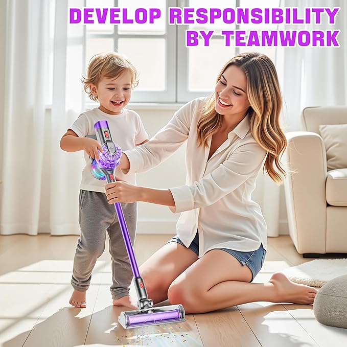 4-in-1 Toy Kids Vacuum That Works with Suction, Electric Toy Toddler Vacuum Cleaner for Children Ages 3 4 5 6+ Boys & Girls,Toddlers Toys Cleaning Set for Pretend Play (Purple)