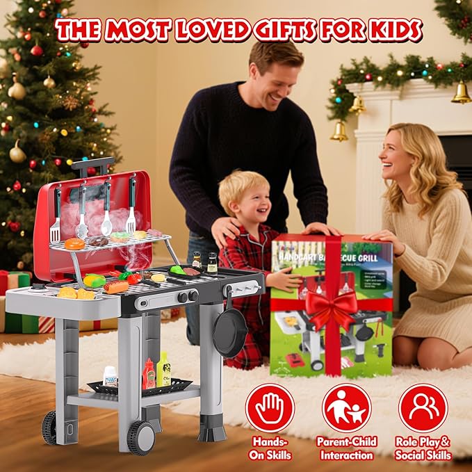86PCS Kids Play Kitchen Toys: 2025 Kids Grill Playset with Smoke, Sound, Light, UV&Water Color-Changing Play Food, Pretend Kids Kitchen Playset, Interactive BBQ Outdoor Toys, Birthday Gift for Toddler
