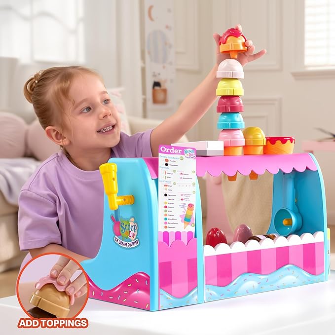 Ice Cream Maker Pretend Toy for Role Play, Play Food Toy Set, Play Kitchen Accessories, Christmas Preschool Gifts for Girls Boys Kids Toddlers Age 3+