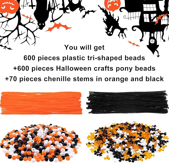 Hicarer 1250 Pieces Halloween Pony Beads DIY Kit Including 600 Pieces Halloween Crafts Pony 600 Pcs TRI Beads 50 Pcs Chenille Stems for Decor