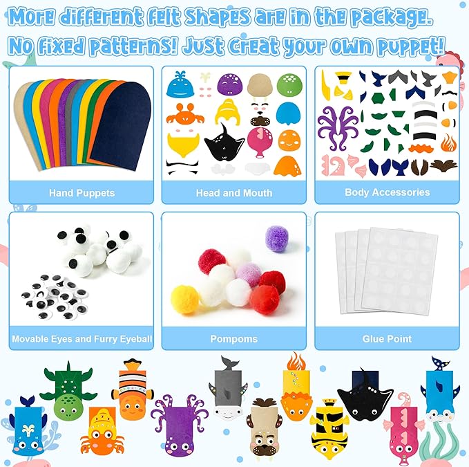 WATINC 12Pcs Hand Puppet Making Kit, Art Craft Felt Sock Puppet Toys, Creative DIY Make Your Own Pompoms Wiggle Googly Eyes Storytelling Role Play Party Supplies Gift for Girls Boys (Ocean Animals)