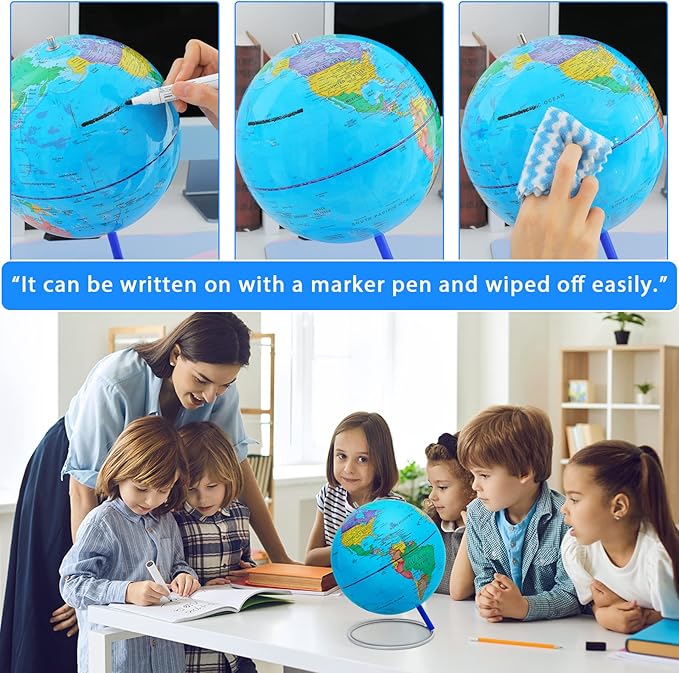 9" World Globe for kids Learning, Classroom Desk, Geographic Globe with iron Stand & colorful Magnetic Push Pins & magnifier & handkerchief, 360° Horizontal Rotation Educational World Globe, Blue