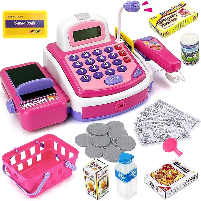 Pretend Play Pink Cash Register Toy - Learn & Play Shopping Kids Toys with Electronic Mic, Scanner, Calculator, Play Food, Fake Money and Basket