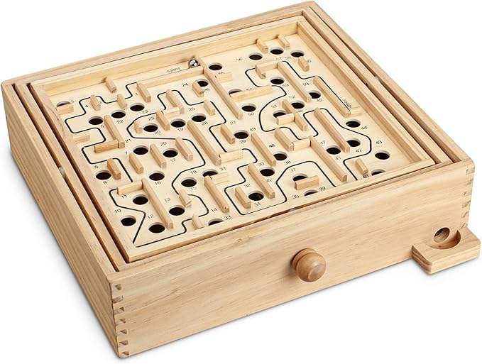 STERLING Wooden Labyrinth Marble Maze Game, Large 12.75" x 11.5" Tilt Maze Game Board with 60 Waypoints and Marble Balls Included, for Kids and Adults 6 Years and Up