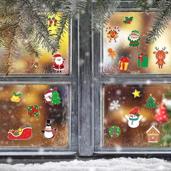 40 PCS Christmas Thick Gel Clings Winter Christmas Window Gel Clings Decals Stickers for Kids Toddlers and Adults Home Airplane Classroom Nursery Holiday Party Supplies Decorations