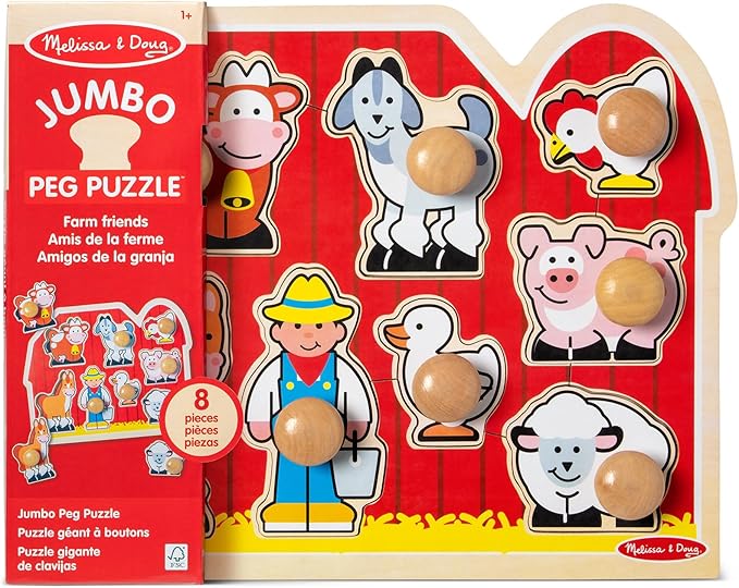 Melissa & Doug Farm Animals Jumbo Knob Puzzle, Wooden Peg Puzzle for Toddlers, Educational Toy for Shape Recognition and Fine Motor Skills, Ages 1+