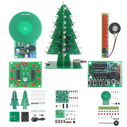 Soldering Practice Kit 5in1 DIY RGB LED 3D Xmas Tree Electronic Organ Metal Detector Adjustable Flash LED 16 Sounds Music Box Plug-in Circuit Kit Learn Soldering Kit for Beginners (05SDS5-1)