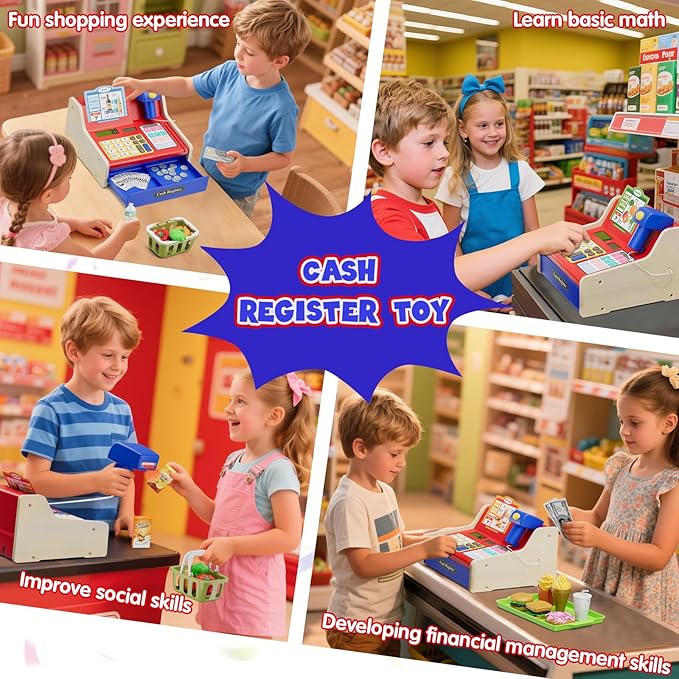 Wooden Cash Register for Kids with Real Calculator, Rechargeable Cash Register Toy with Scanner/Play Money/Food/Credit Card/Menu, Pretend Play Toys Gifts for Boys Girls Ages 3-8, Blue