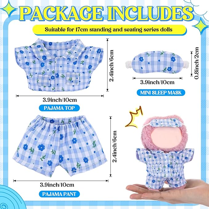 17cm Doll Clothes Pajamas Set with Pants Eye Mask Good Night Bedding Clothes Outfit Gifts Fits Most 17cm Dolls Accessories for DIY Dress up Lovers (Blue Floral)