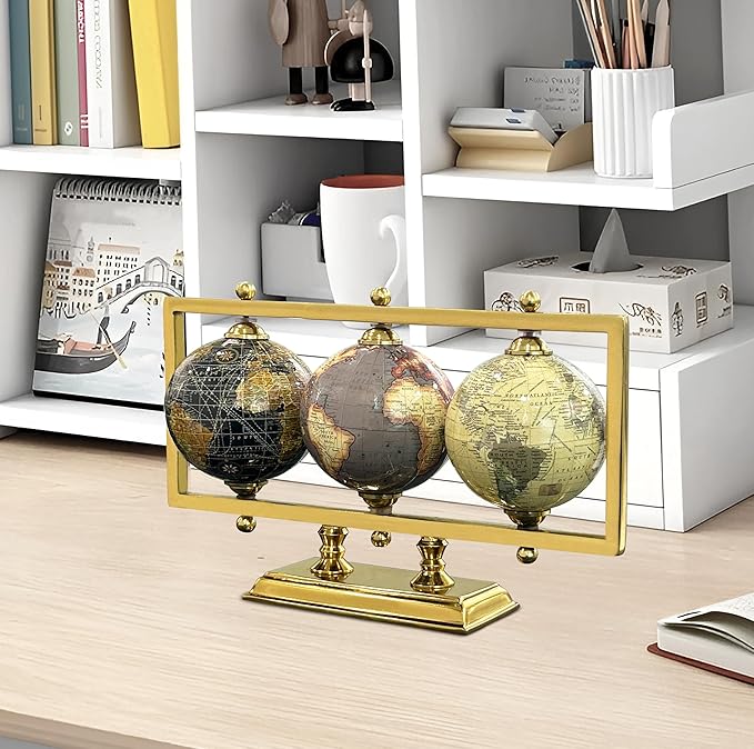Rely+ Set of 3 4'' World Globes Sturdy Metal Gold Stand (NOT PLASTIC!) - Rotating Desktop Globe For Geographic Home Decorative Desk Table Office Gift - Book Shelf Decor World Globe - Landscape