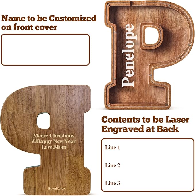 Summidate Customized Name Extra Large Wooden Piggy Bank for Kids Boys Girls Alphabets Letter A-Z Coins Bills Money Change Saving Box Clear Cover (Laser Engraved) Educational Toys 12"- Letter P