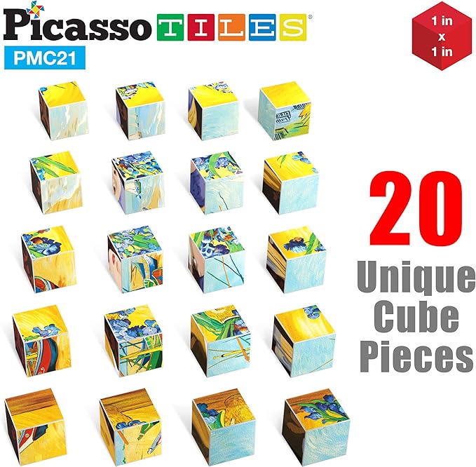 PicassoTiles 1” Magnetic Puzzle Building Cubes Blocks of Popular World Famous Art Paintings with Free Frame, Educational STEAM Toys for 3+ Year Old Boys Girls Toddlers Or Preschool Age Children PMC21
