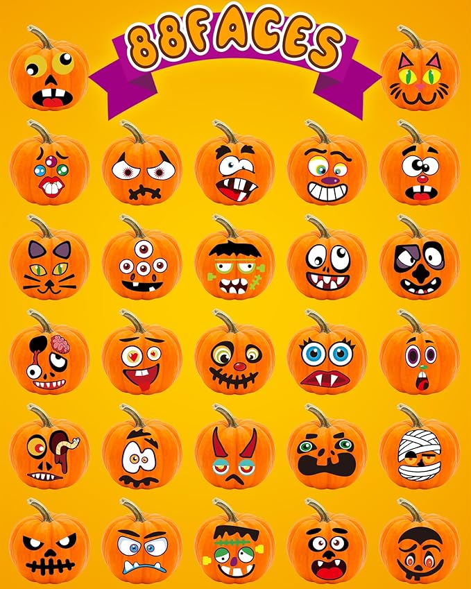Oomloid Halloween Pumpkin Stickers for Kids, 88 Funny Face Pumpkin Decorating Kit, Halloween Crafts Games Halloween Pumpkin Painting Kit for Halloween Party Decorations