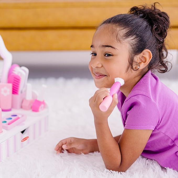 Melissa & Doug Wooden Beauty Salon Play Set, 18-Piece Vanity with Pretend Play Toys, Makeup, Mirror, Accessories & More, Preschool Toys for Girls & Boys Ages 3+ - FSC Certified