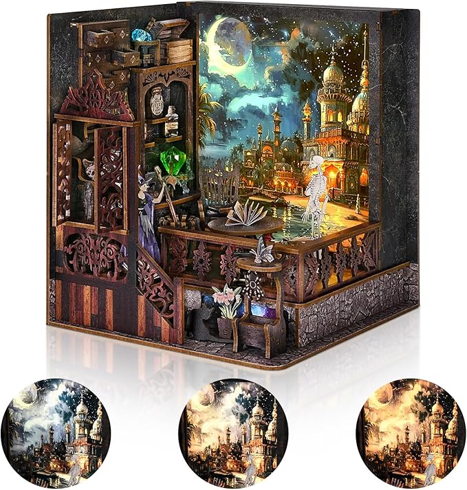 DIY Book Nook Kit, Miniature Bookshelf Decor with LED Lights, Laser-Cut Wooden Craft Set for Adults, Creative Gift for Christmas, Birthday, Magic Exploration