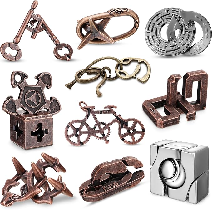 Syhood 10 Pieces Metal Brain Teaser Puzzles for Adults 3D Steel Puzzle Difficult Magic Mind Challenge Unlock Interlocking Games Iq Smart Logic Test Toys Basket Filler Stuffers(Stylish)