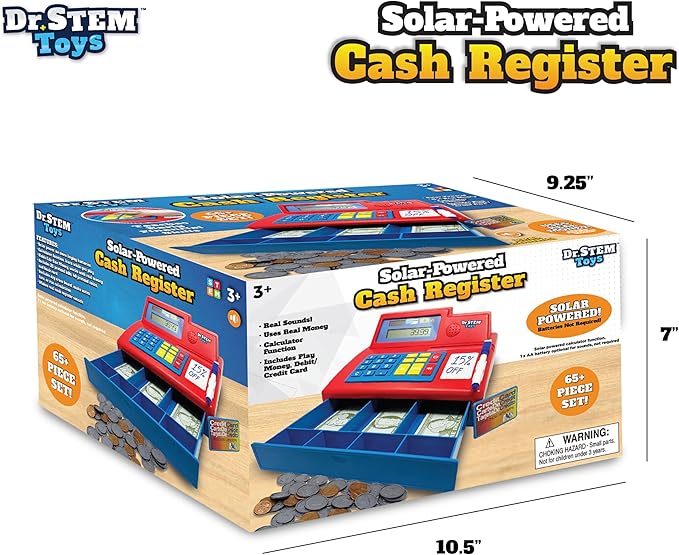 Dr. STEM Toys Solar Powered Calculator Pretend Cash Register with Play Money – 67-Piece Set for Learning Math Skills, STEM Cash Register for Kids, Red