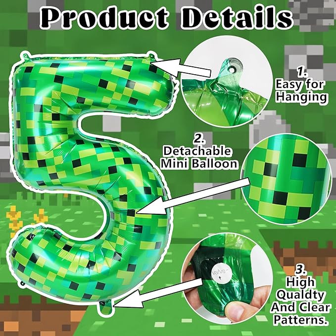 40in Pixel Giant Number 5 Balloon Birthday Decorations, Miner Theme Green Foil Balloons Blast Gaming Party Supplies
