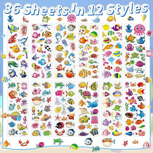 36 Sheets Underwater Stickers for Kids - 900+ 3D Puffy Sea Animal Stickers | Fish, Dolphin, Shark, Octopus, Turtle | Reusable, Waterproof | Crafts, Scrapbooking, Party Favors