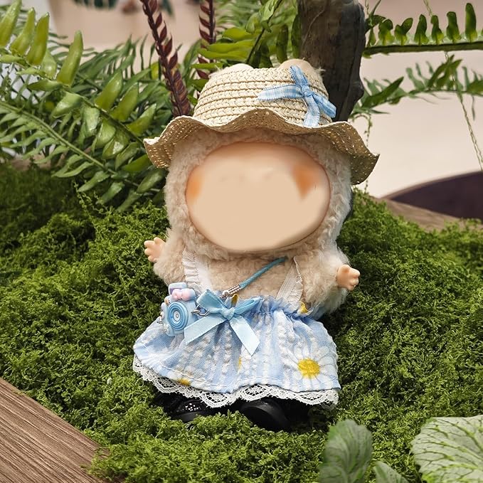 17cm Doll Clothes Set, Cute Girls Outfits and Straw Hat, 4 PCS Cute Hat & Blue Dress Set Stylish Outfits Exquisite Accessories