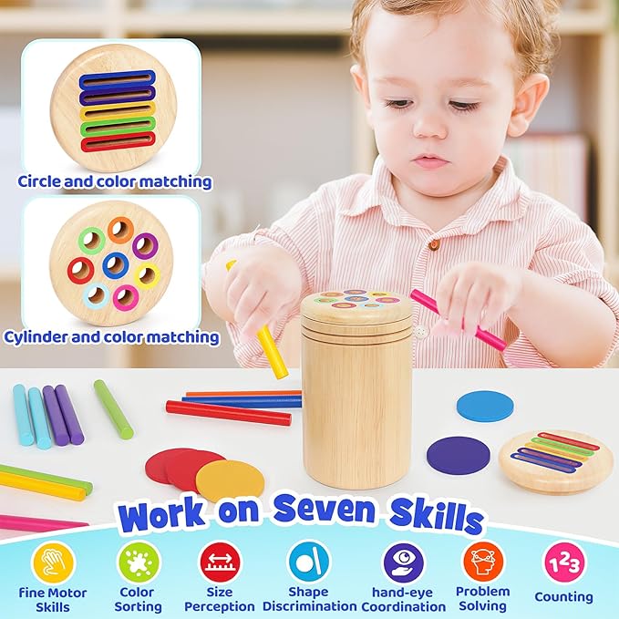 Montessori Toys for 1 Year Old, Color Classification Sensory Toy with Two Wooden Lids for Toddlers Age 1 2 3, Fine Motor Skills Sensory Toys for 18 Month Old boy Girls Gifts