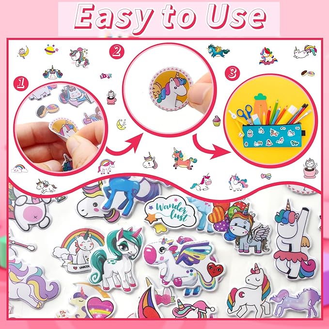 36 Sheets Unicorn Stickers for Kids - 900+ 3D Puffy Stickers Fantasy Theme | Magical, Rainbow, Stars | Reusable, Waterproof | Crafts, Journals, Party Favors