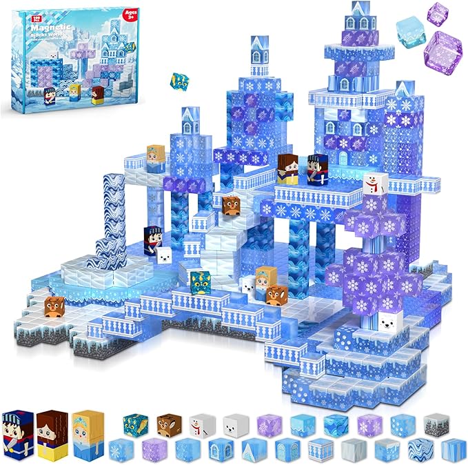 Magnetic Blocks - 100PCS Magnetic Building Block for Kids Age 3+, Transparent Magnet Cubes Blue Castle Princess Building Toy Sets, STEM Magnets Toys Birthday Gift for Boys Girls 4 5 6 7 8 9 10 11 12+
