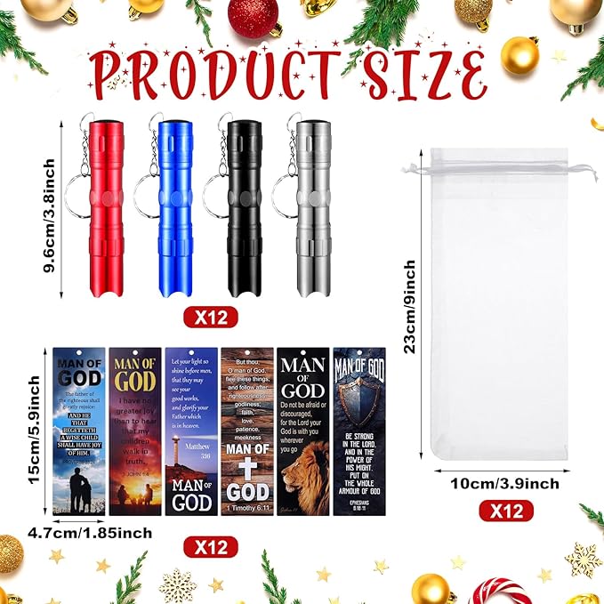 36Pcs/12 Set Man of God Gifts Mini LED Flashlight Keychain Man of God Religious Bible Bookmark Set Christian Party Favors Christmas Employee Coworkers Gifts for Men Adult Dad