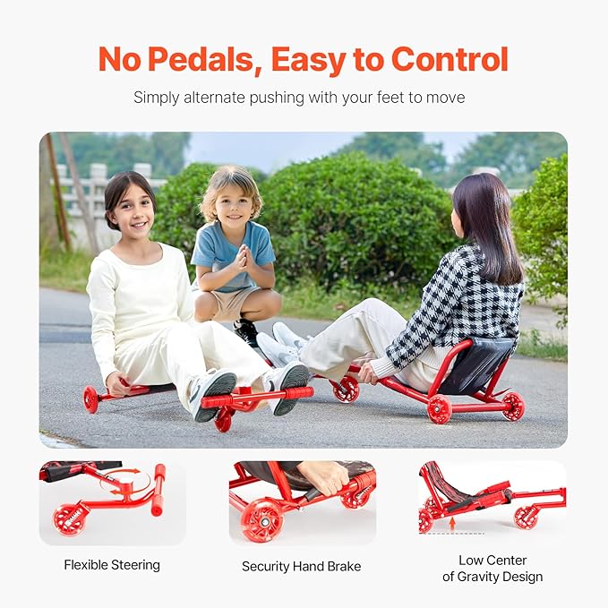 VEVOR Ride on Scooter, Load Capacity of 198 lbs, Swing Side-to-Side for Amazing Ride Powered by Zig-Zag Motion, Ride on Drifting Toy for Ages 10+, Rides on Any Hard Surface for Indoor & Outdoor, Red
