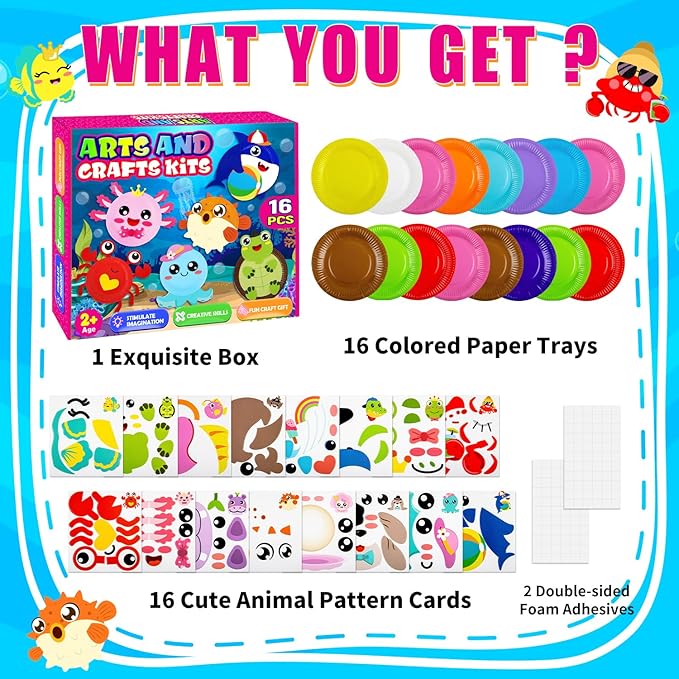 16 Pack Arts and Crafts for Kids, Toddler Crafts Animal Paper Plate Art Kit Gift for 3 4 5 6 Year Old Boys Girls DIY Kids for Birthday Party Favor Preschool Classroom Party Games