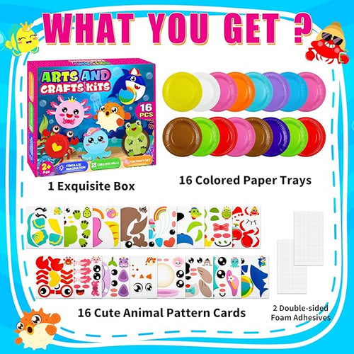 16 Pack Arts and Crafts for Kids, Toddler Crafts Animal Paper Plate Art Kit Gift for 3 4 5 6 Year Old Boys Girls DIY Kids for Birthday Party Favor Preschool Classroom Party Games