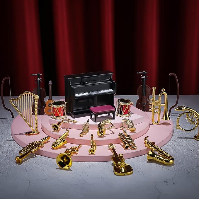 Civaner 24 Pcs Dollhouse Musical Instruments Christmas Miniature Violin Piano Trumpet Saxophone Electric Guitar Tiny Instruments Set for Xmas Party Gift Mini House Musical Room Succulent Garden