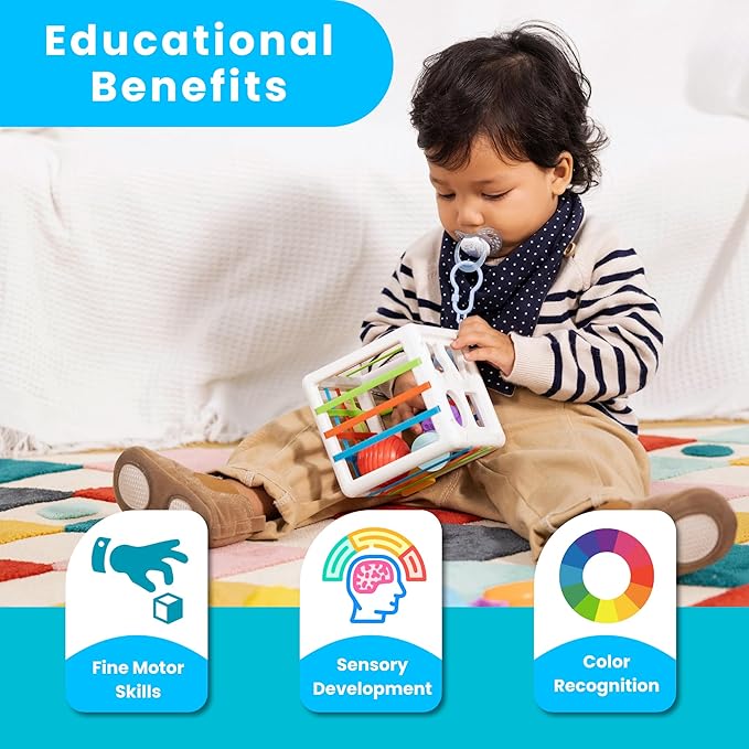 PlenPLAY Shape Sorter Toy for Toddlers Age 1+, Educational Sorting Toy with Bright Colors and Multiple Shapes, Durable and Safe Learning Toy for Early Childhood Development (Cube, ABS Plastic)
