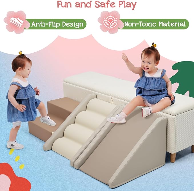Merax Indoor Climbing Toys for Toddlers, 9-Piece Foam Climbing Blocks Climb & Crawl Tunnel Soft Play Set (9-Piece Cappuccino)