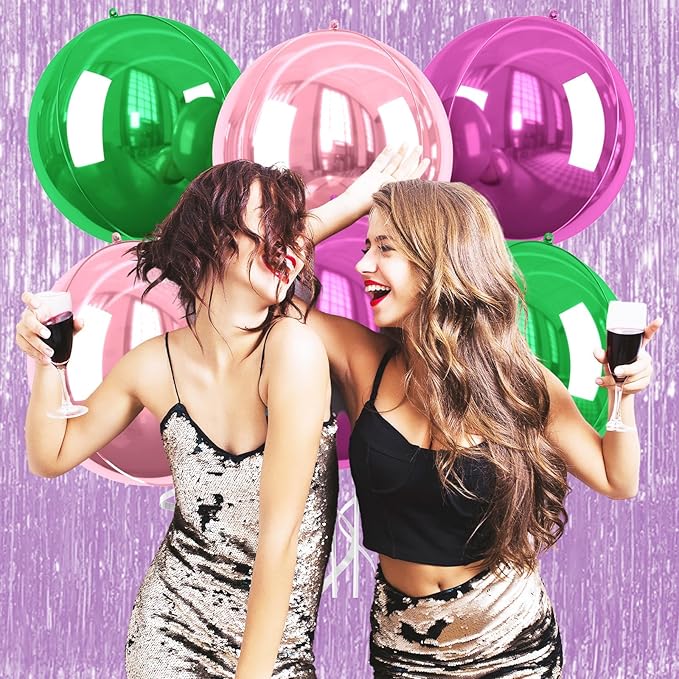 Green Pink Giant 4D Foil Balloons, 6 Pcs Large Metallic Green Pink Black Round Balloons, 22 Inch Big Round Foil Balloon for Summer Birthday Party Baby Shower Graduation Wedding Decorations