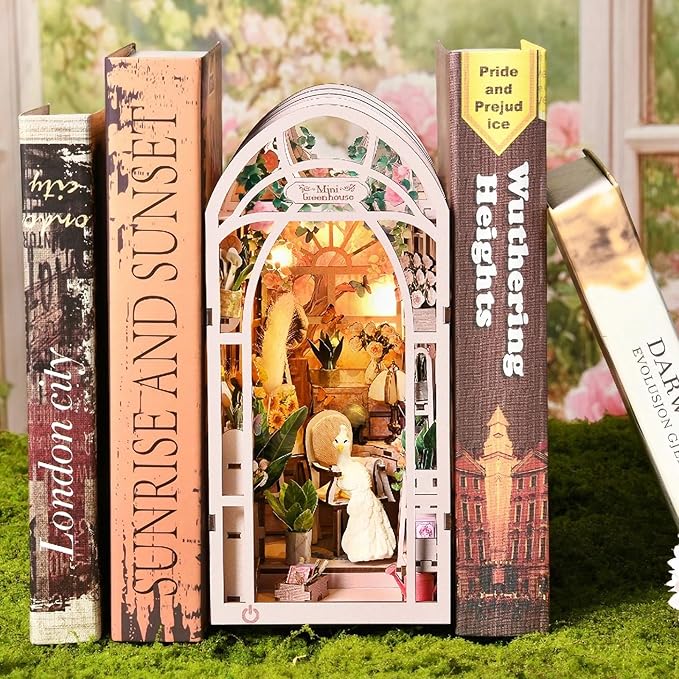 DIY Book Nook Kit, Miniature Bookshelf Decor with LED Lights, Laser-Cut Wooden Craft Set for Adults, Creative Gift for Christmas, Birthday, Greenhouse Flower Room