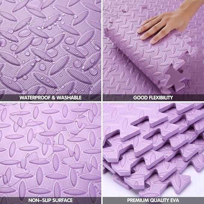 Coolcandy Foam Play Mat, 12"x12" Square Tiles - Non-Toxic, Soft, Thickened, Interlocking - Toddler Playmat for Playing, Exercise (Purple, 16 Tiles)