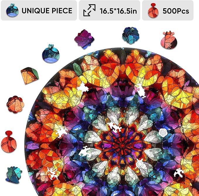 Jiroinlly Wooden Jigsaw Puzzles - Crystal Mandala Wooden Puzzles for Adults 500 Pcs, 16.5'' Luxurious Shaped Wood Puzzle, Beautiful Package, Best Gift Toys for Adults and Kids, Family Game
