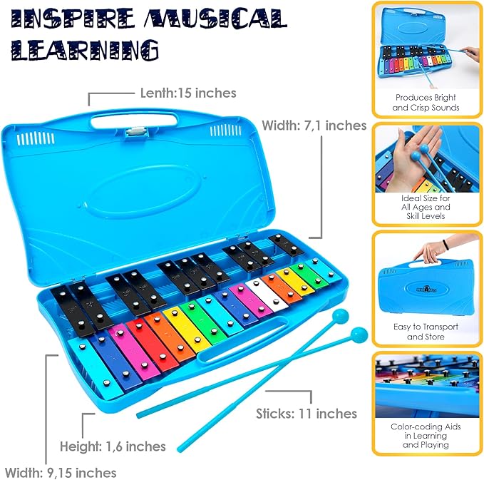 MINIARTIS Glockenspiel Xylophone | 25 Note Colorful Metal Keys Xylophone for Kids | Percussion Musical Instrument | Educational Music Toy Includes Music Songbook, Mallets and Blue Carry Case