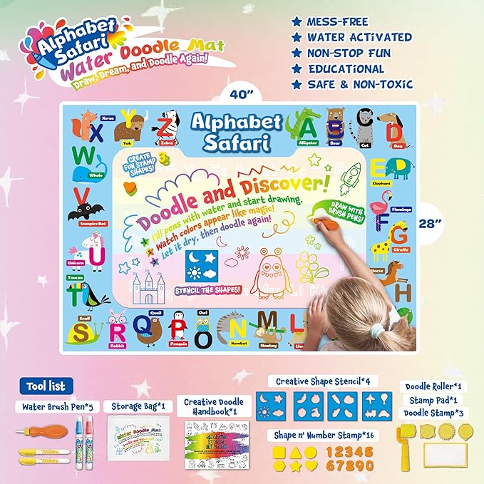 ANIMOLDS Water Doodle Mat - 40x32 Inch Aqua Magic Drawing Board for Kids (Alphabet Safari)