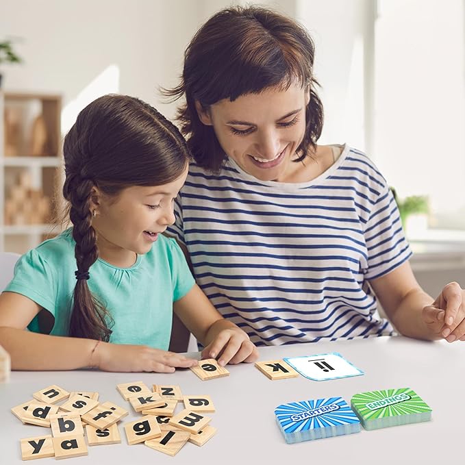 BenBen Spelling Games with 112 Flash Cards, Wooden Letter Tiles, CVC Sight Word Games for Kids Ages 4+, 1-4 Players, Decoding, Learn to Read Learning Toys for Kindergarten 1st 2nd 3rd Grade