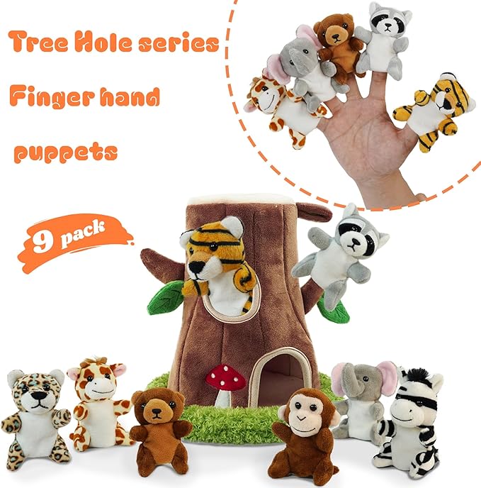 9 Pcs Finger Puppets Set Mini Toys, Soft Plush Jungle Animal Finger Puppet for Kids Mini Stuffed Animals with Tree Hole House,Finger Puppets for Toddlers Role-Playing Storytelling Christmas School