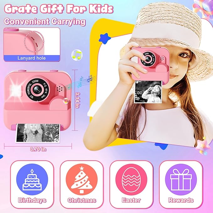 Kids Camera Instant Print - 1080P HD Video Digital Camera for Toddler with Printing Photo Paper, Portable Toy for 4 5 6 7 8 9 10 Years Old, Christmas Birthday Gifts for Boys Girls (Pink)