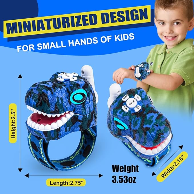 Dinosaur Walkie Talkies for Kids - 2 Way Radios Toys for Boys & Girls Ages 3-12 - Long Range, 3 Channels - Outdoor Adventure, Camping, Hiking Gifts Birthday Gifts (Blue)