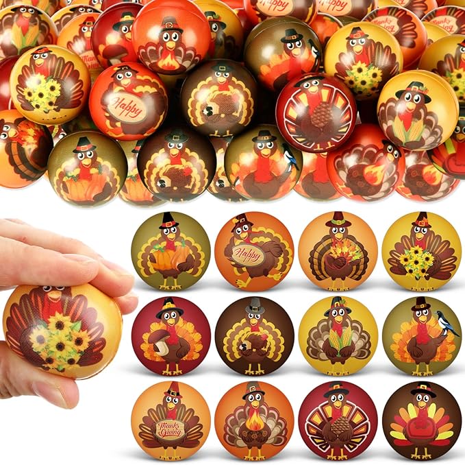 Liliful 60 Pcs Thanksgiving Turkey Stress Ball Bulk 12 Patterns Fall Sensory Stress Relief Balls Thanksgiving Party Favors Bag Filler Stocking Stuffers Gifts for Adults