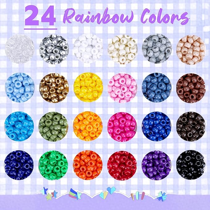 24 Color 9MM Pony Beads for Bracelet Making,Friendship Rainbow Kandi Beads Giant Crayon Bead Box for DIY Craft Necklace Making Hair Braids - 2000PCS
