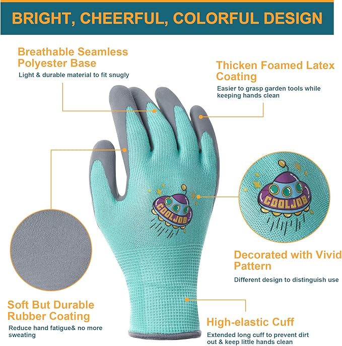 COOLJOB 3 Pairs Kids Gardening Gloves for Age 3-5, Children Grippy Rubber Coated Garden Work Gloves, Orange & Green & Yellow, Small Size (3 Pairs S)