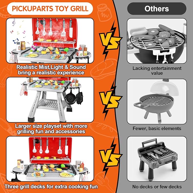 2025 Kids Kitchen Playset Toy Grill BBQ with Smoke Light Pretend Play Food Toys Cooking Set 2-Layer Barbecue Gifts for Toddler Boys Girls 3-5 6 7