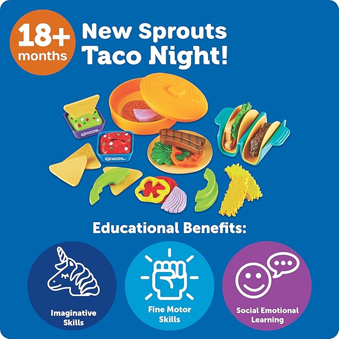 Learning Resources New Sprouts Taco Night - Kitchen Pretend Play Food for Kids, Grocery Store Accessories, Gifts for Boys and Girls, Ages 18 Months+,28 Pieces