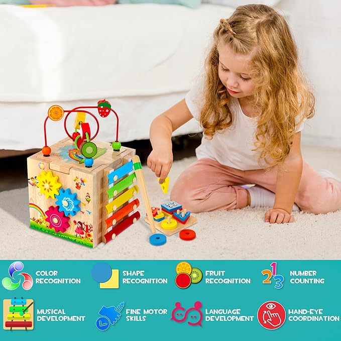 Wooden Activity Cube, 8-in-1 Montessori Baby Toys for 1+ Year Old Boys & Girls, Educational Learning Toys for Toddlers Age 1-2, 1st Birthday Gift | Bonus Sorting & Stacking Board